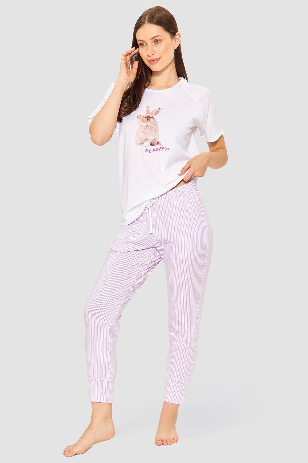 Rösch 7/8-Hose Im Streifendruck Rosa-Blau Baumwolle/Elasthan