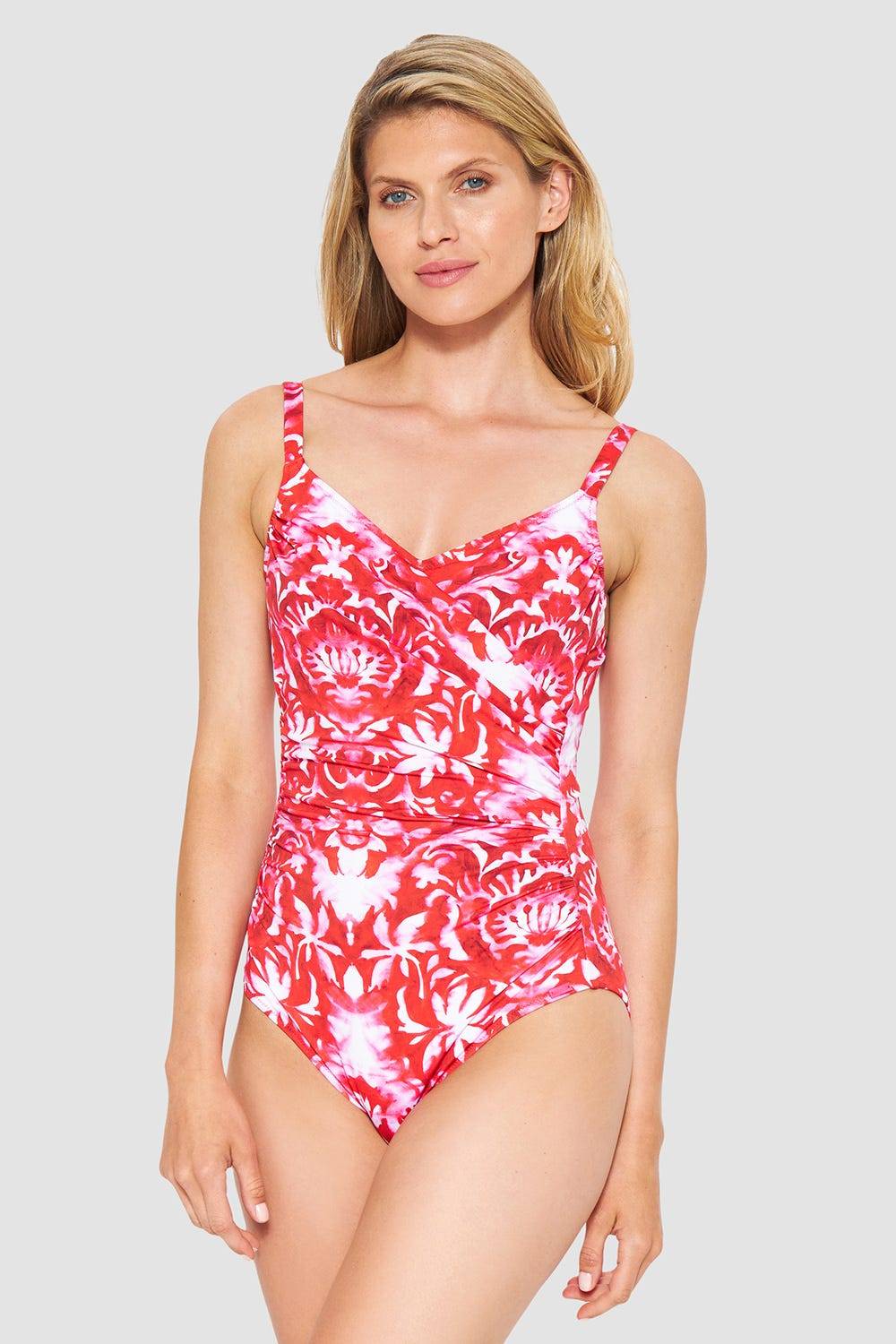 Rösch Badeanzug im Ornament-Druck Rot-Weiß Wickeloptik