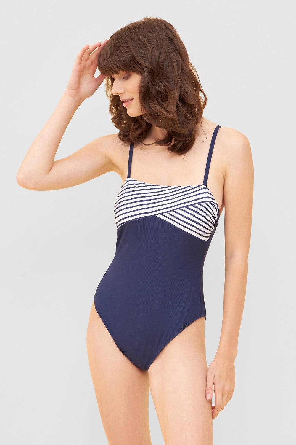 Rösch Bandeau Badeanzug mit gestreifter Blende Ripp recyceltes Polyester/Elasthan