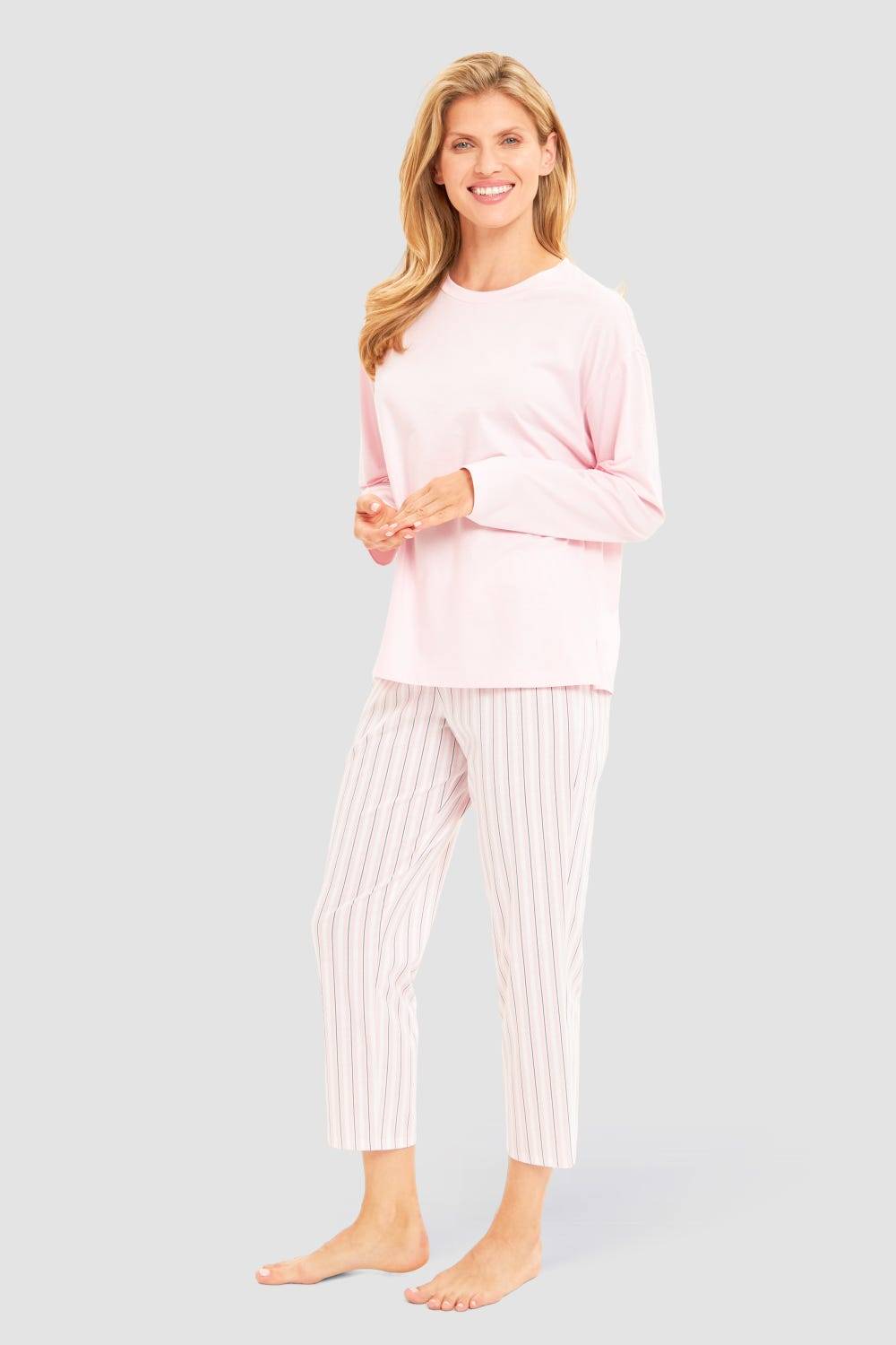 Rösch Basic 7/8-Pyjamahose Im Streifendruck Rosa-Grau