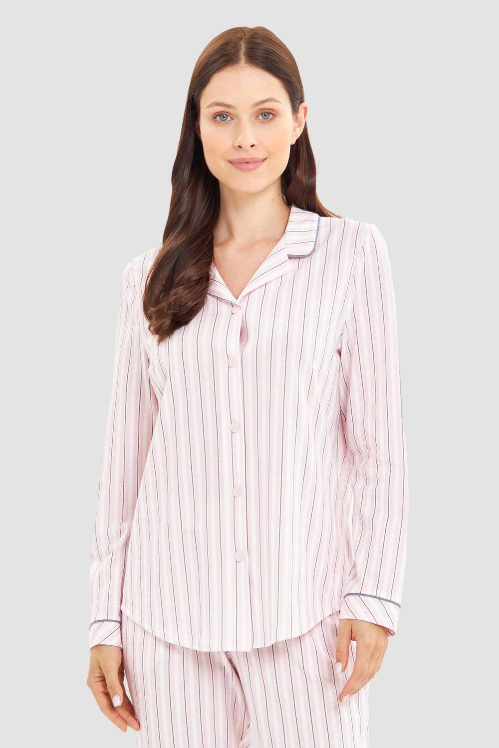 Rösch Basic Pyjamashirt Langarm im Streifendruck Herrenhemdstil