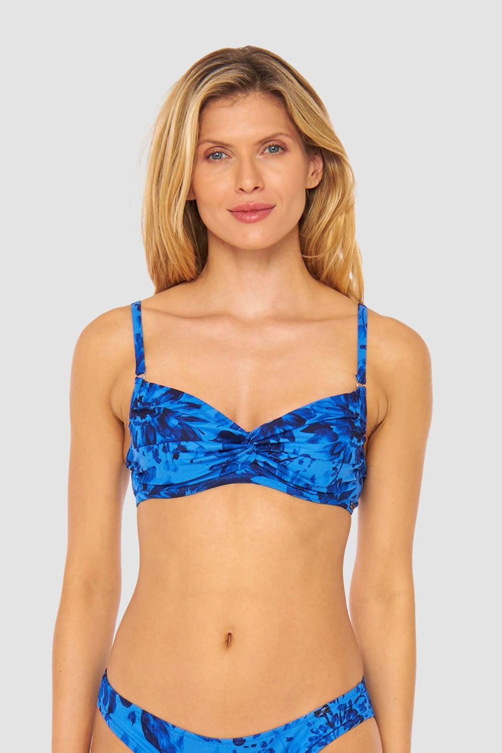 Rösch Bikini Oberteil im blauen Blüten-Druck Wickeloptik recyceltes Polyester/Elasthan