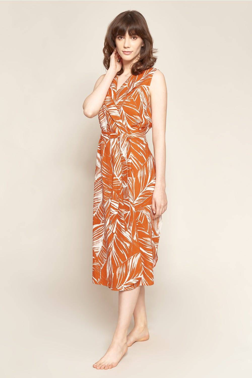 Rösch Freizeitkleid im sommerlichen Blätter-Druck Wickelform Leinen/Viskose