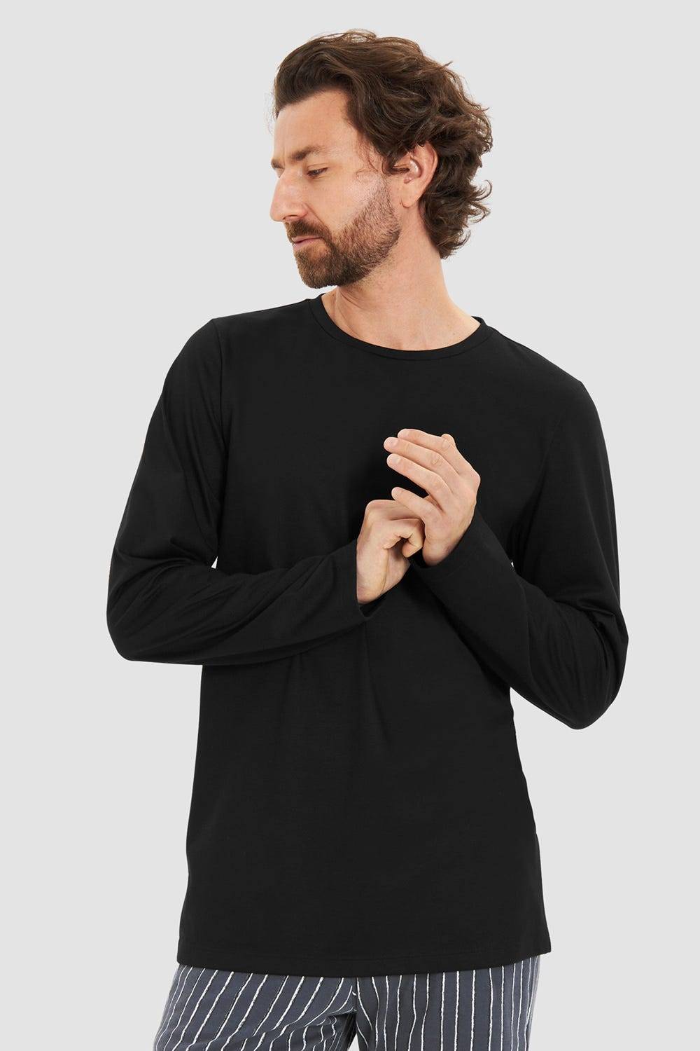 Rösch Herren Basic T-Shirt Langarm mit Rundhals Klassisch Baumwolle/Elasthan