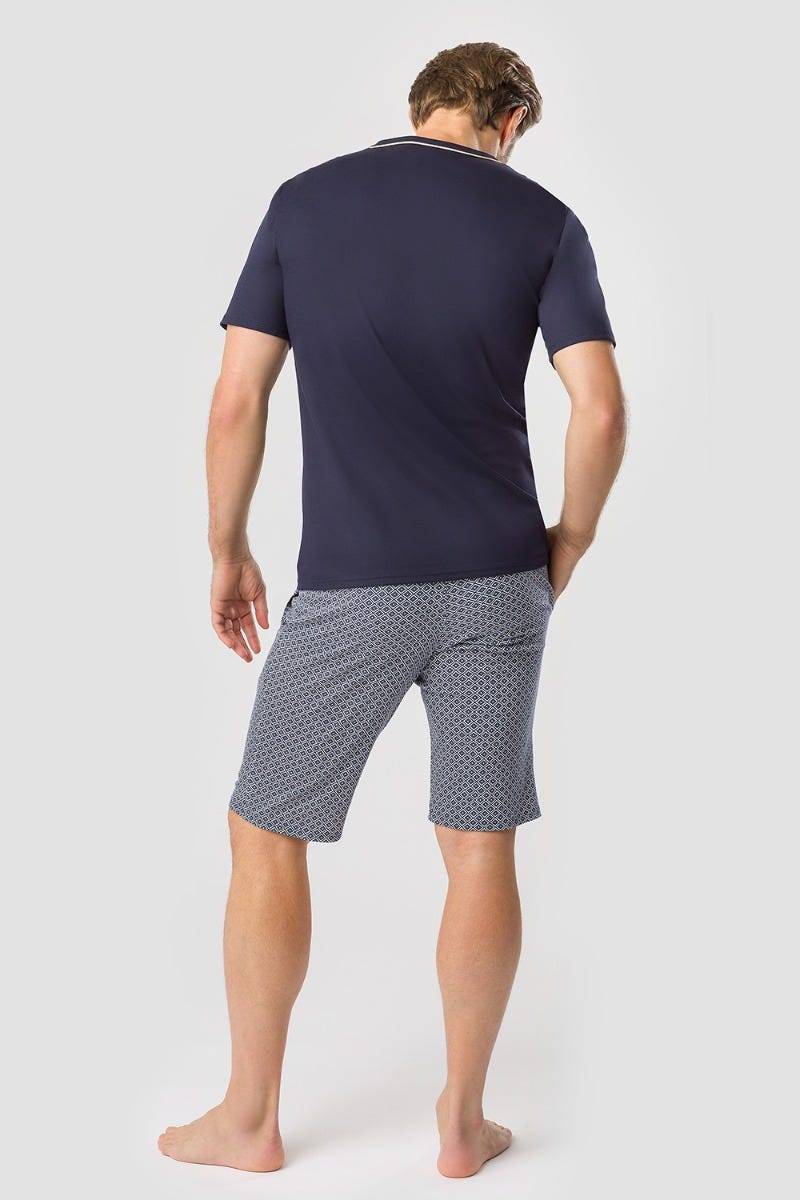 Rösch Herren Kurzer Pyjama Mit Minimalprint Blau Bermuda 100% Baumwolle