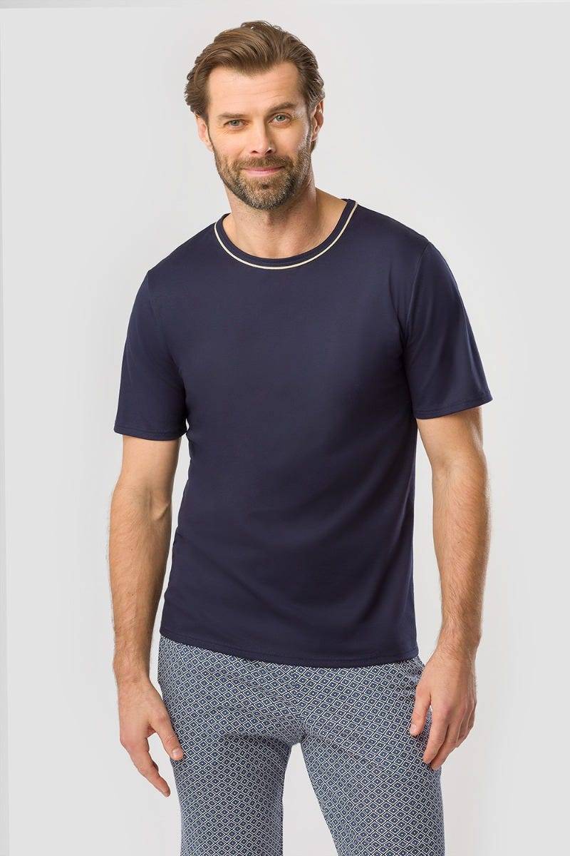 Rösch Herren Kurzer Pyjama Mit Minimalprint Blau Bermuda 100% Baumwolle