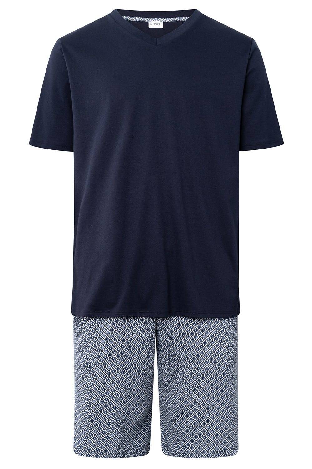Rösch Herren Kurzer Pyjama Mit Minimalprint Blau Bermuda V-Ausschnitt 100% Baumwolle