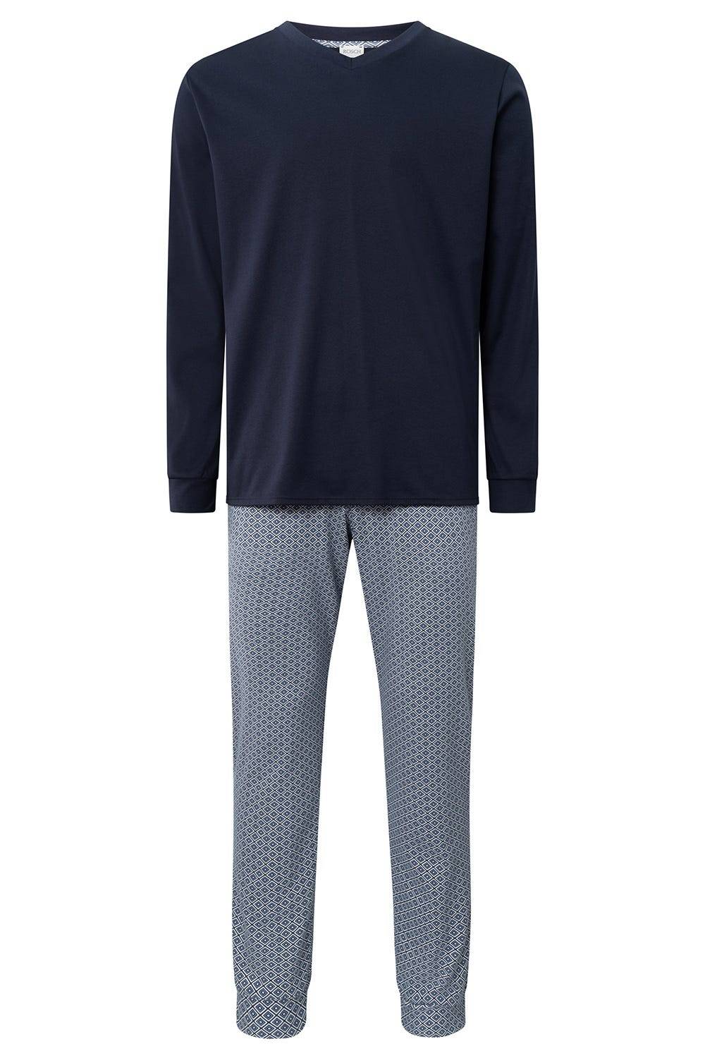 Rösch Herren Langer Pyjama Mit Minimalprint Blau V-Ausschnitt 100% Baumwolle