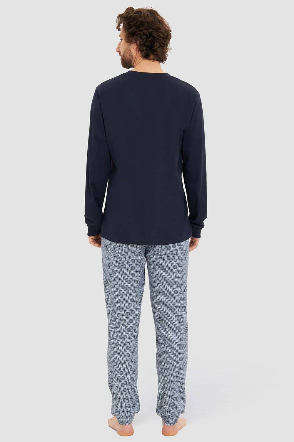 Rösch Herren Langer Pyjama Mit Minimalprint Blau V-Ausschnitt 100% Baumwolle