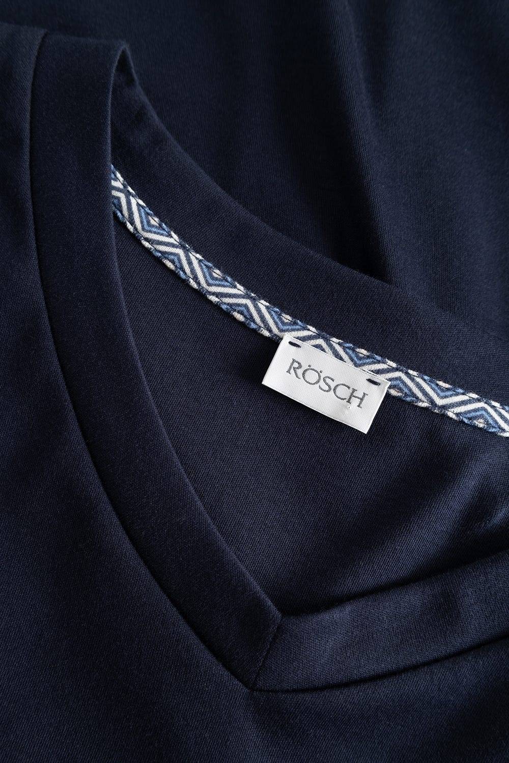 Rösch Herren Langer Pyjama Mit Minimalprint Blau V-Ausschnitt 100% Baumwolle