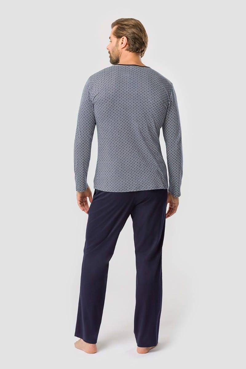 Rösch Herren Pyjama Mit Minimalprint Blau Klassisch 100% Baumwolle