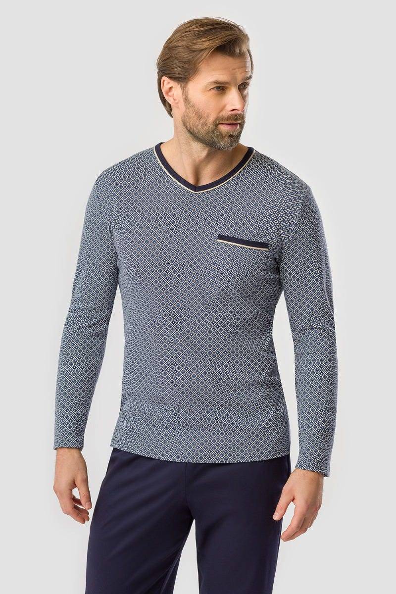 Rösch Herren Pyjama Mit Minimalprint Blau Klassisch 100% Baumwolle