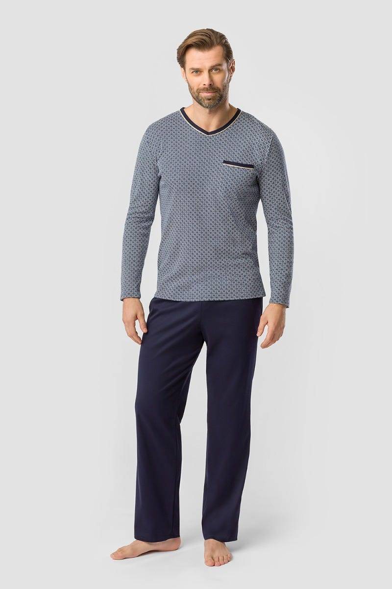 Rösch Herren Pyjama mit Minimalprint Blau Klassisch 100% Baumwolle