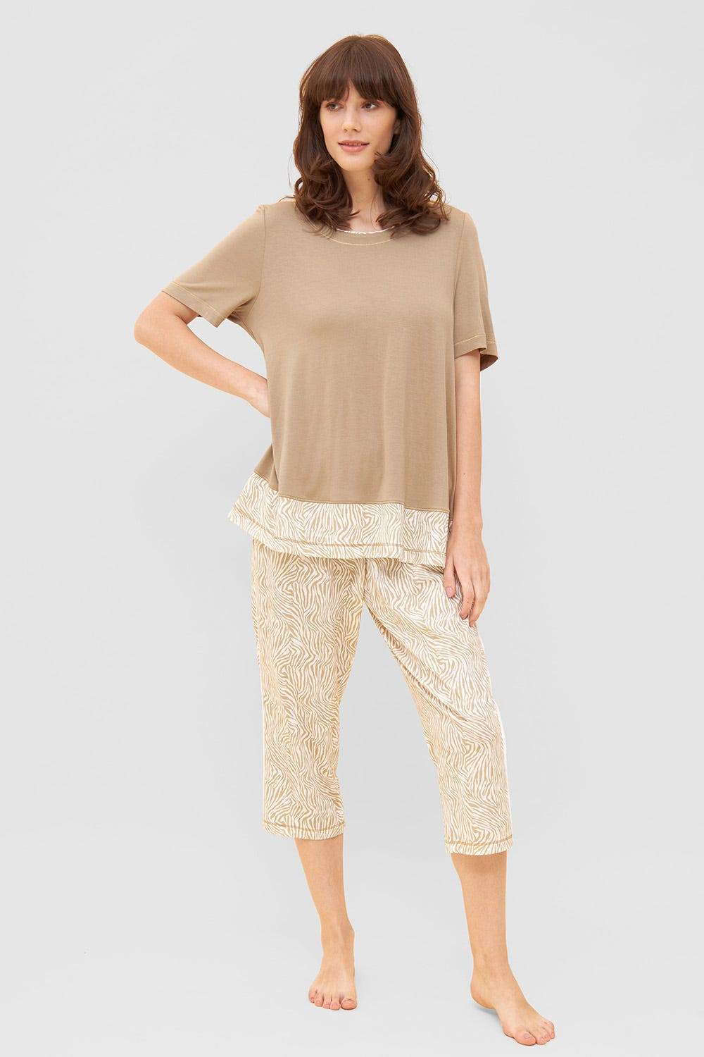 Rösch Hose Im Zebra-Druck Beige Paspel Ziernähte Mix &amp; Match Baumwolle/Modal