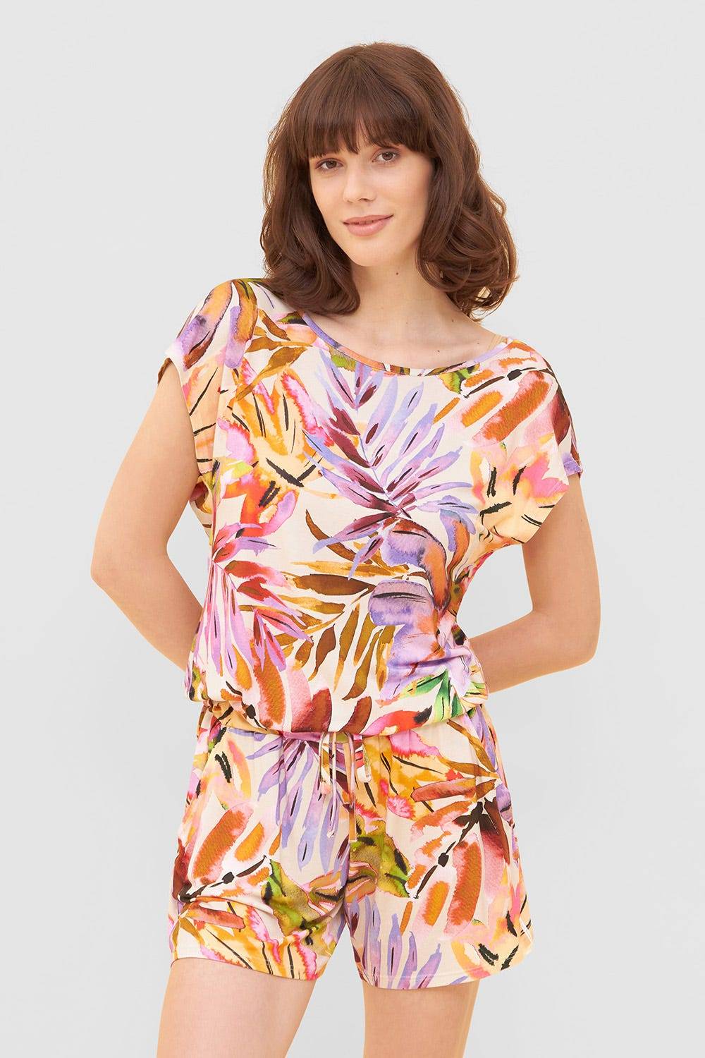 Rösch Jumpsuit Im Fröhlichen Blätter-Druck Bunt Shorts Sommer Viskose/Elasthan