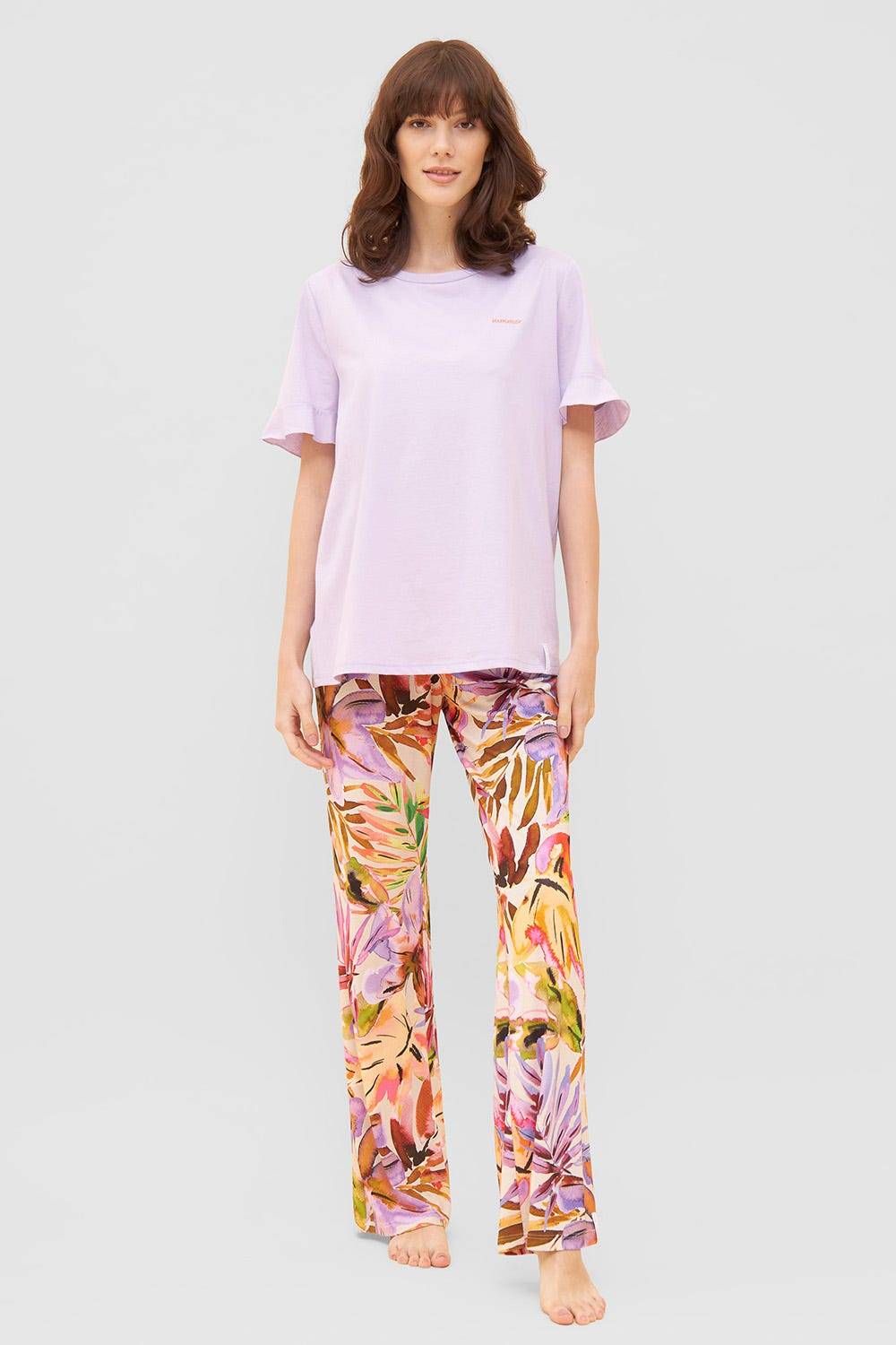 Rösch Lange Hose Im Fröhlichen Blätter-Druck Sommer Bunt Viskose/Elasthan