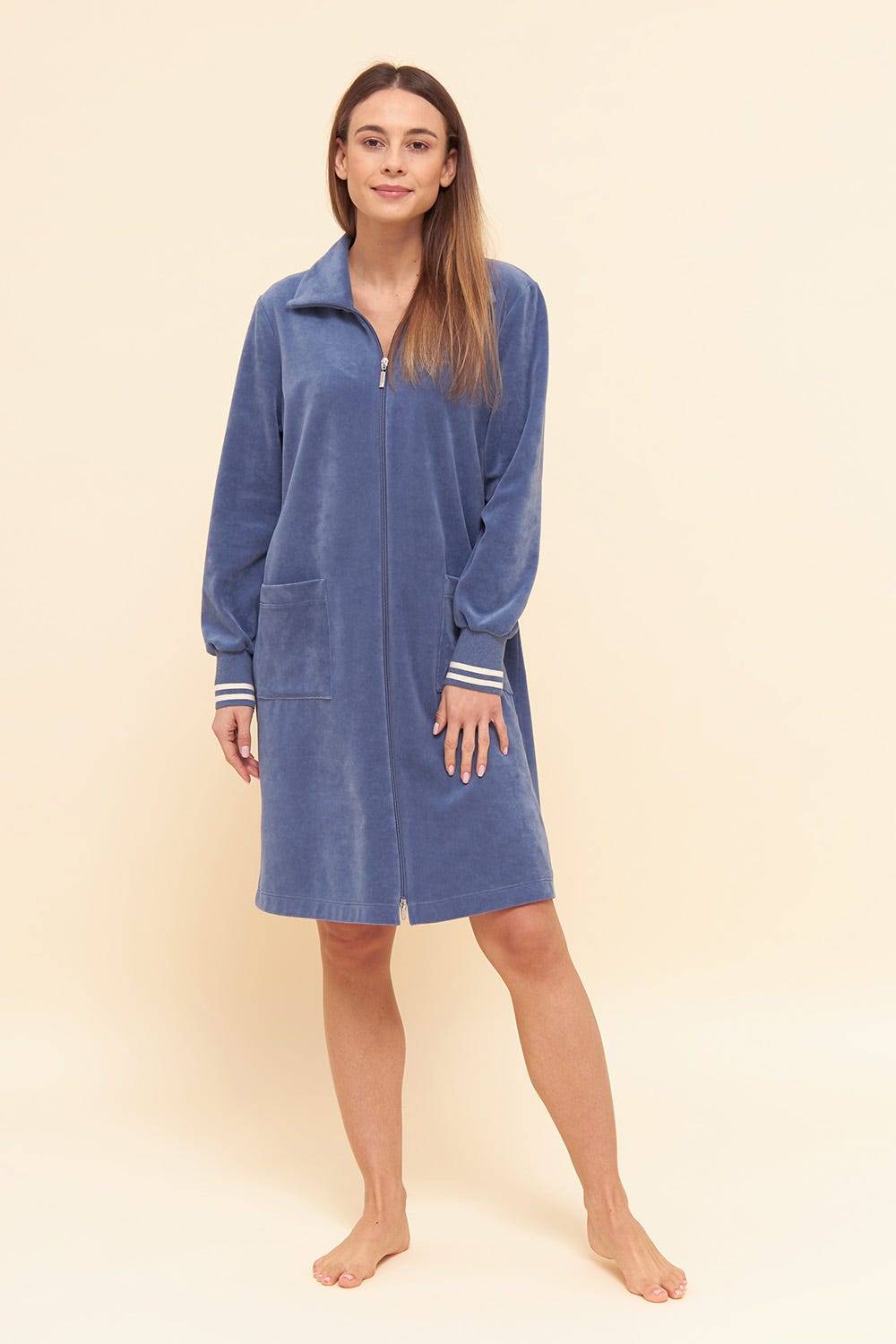 Rösch Morgenmantel aus Nicki Blouson-Style sportive Streifen Stickbündchen Baumwolle/Polyester