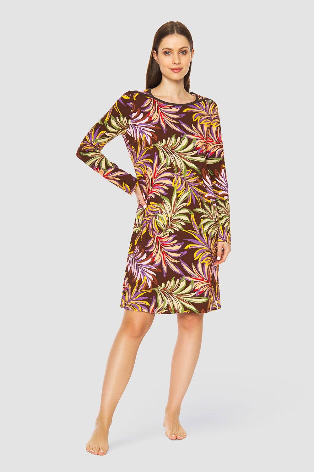 Rösch Nachthemd im bunten Blätterdruck Braun Baumwolle/Elasthan