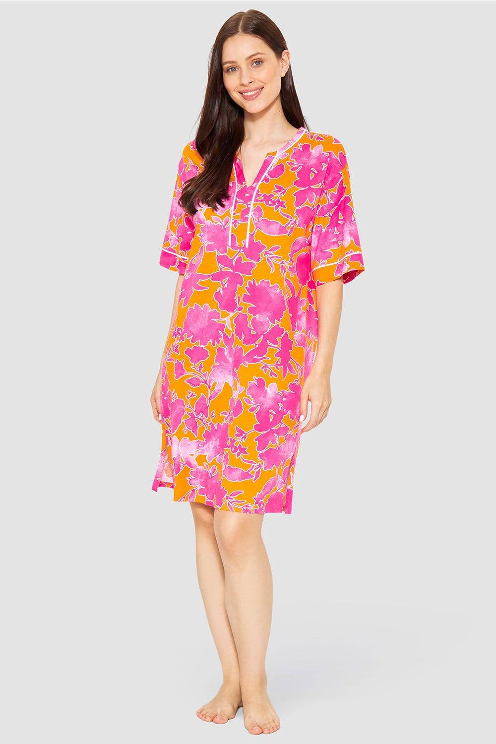 Rösch Nachthemd im floralen Druck Orange-Pink Tunika-Style Baumwolle/Modal