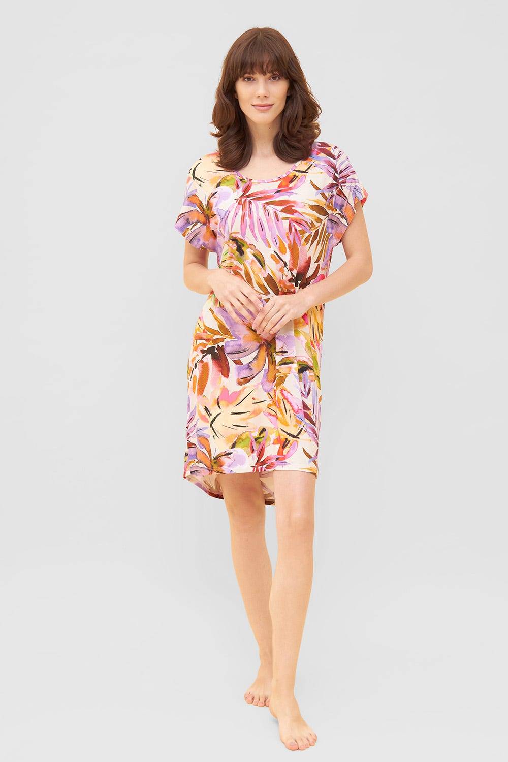 Rösch Nachthemd im fröhlichen Blätter-Druck Bunt Rundhals Sommer Viskose/Elasthan