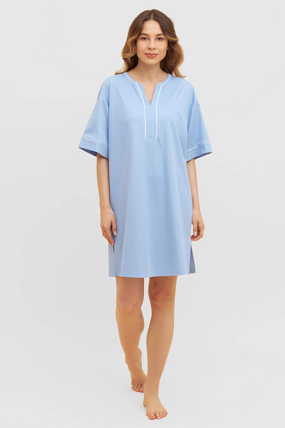 Rösch Nachthemd im Kimono-Stil Paspeln Halbarm 100% Baumwolle Rösch Nachthemd im Kimono-Stil Paspeln Halbarm 100% Baumwolle