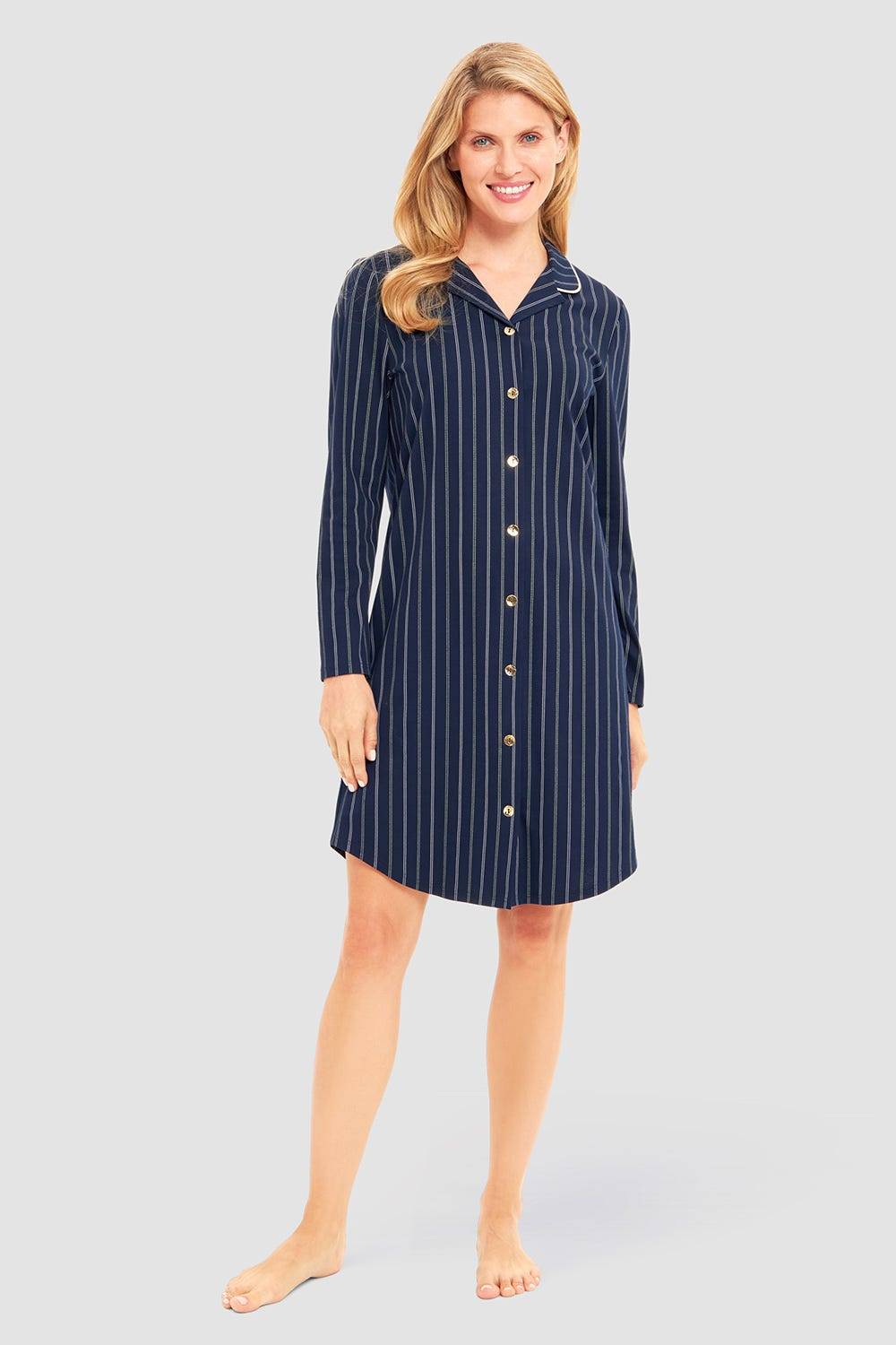 Rösch Nachthemd im Nadelzug Dunkelblau Herrenhemdstil 100% Baumwolle