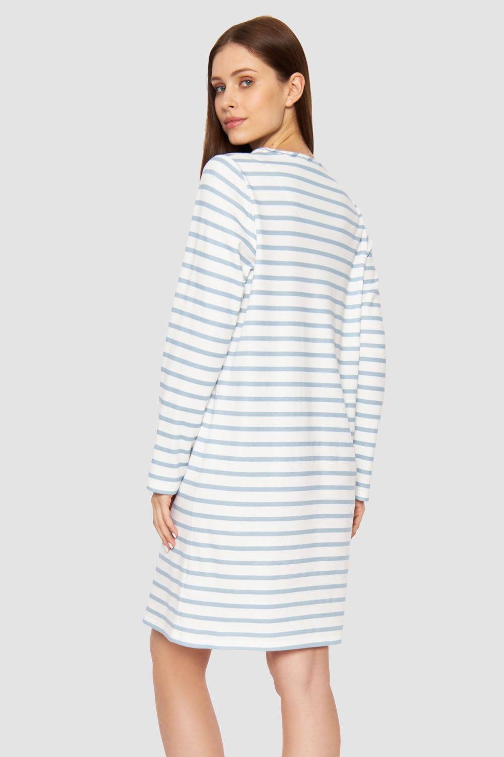 Rösch Nachthemd Im Ringel-Mustermix Angerauht Hellblau 100% Baumwolle