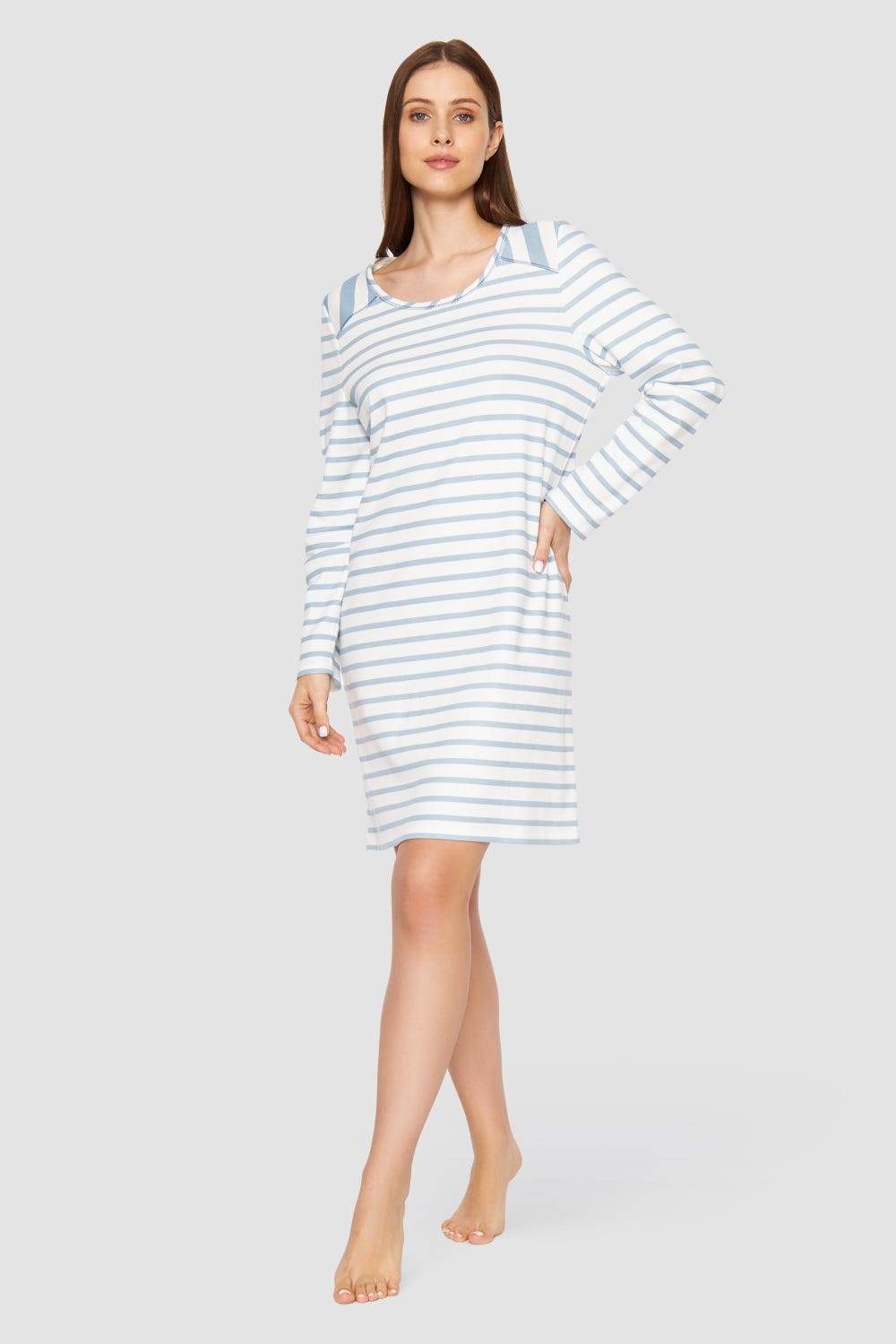 Rösch Nachthemd im Ringel-Mustermix angerauht Hellblau 100% Baumwolle