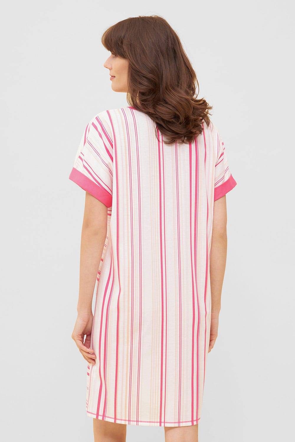Rösch Nachthemd Im Rosa Streifendruck V-Ausschnitt Ziernähte 100% Baumwolle