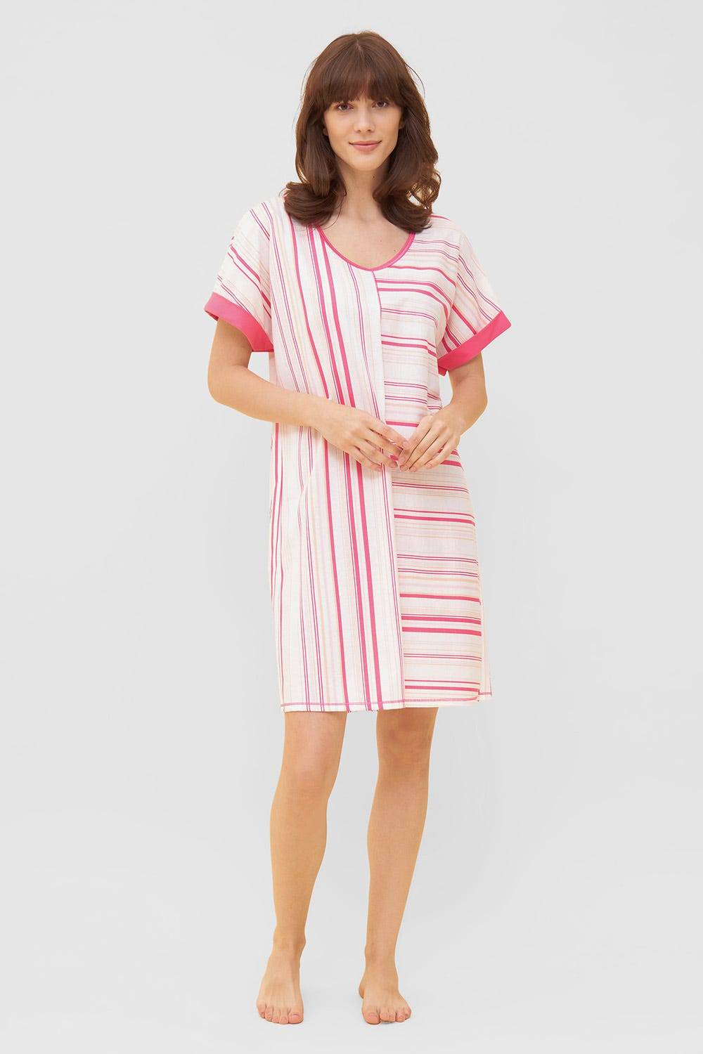 Rösch Nachthemd im rosa Streifendruck V-Ausschnitt Ziernähte 100% Baumwolle