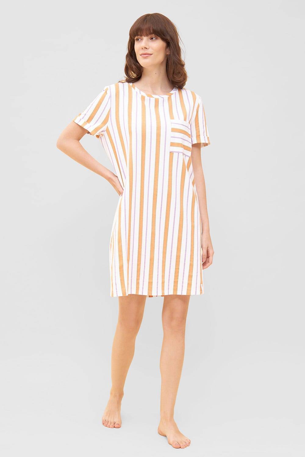 Rösch Nachthemd im Streifen-Design Brusttasche Sommer Baumwolle/Elasthan