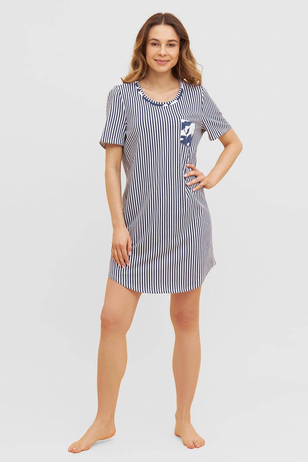 Rösch Nachthemd im Streifendruck Muster-Mix Blumen Brusttasche 100% Baumwolle