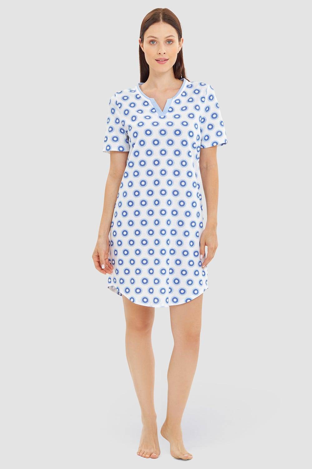 Rösch Nachthemd Kurzarm im Punktedruck Blau-Weiß 100% Baumwolle