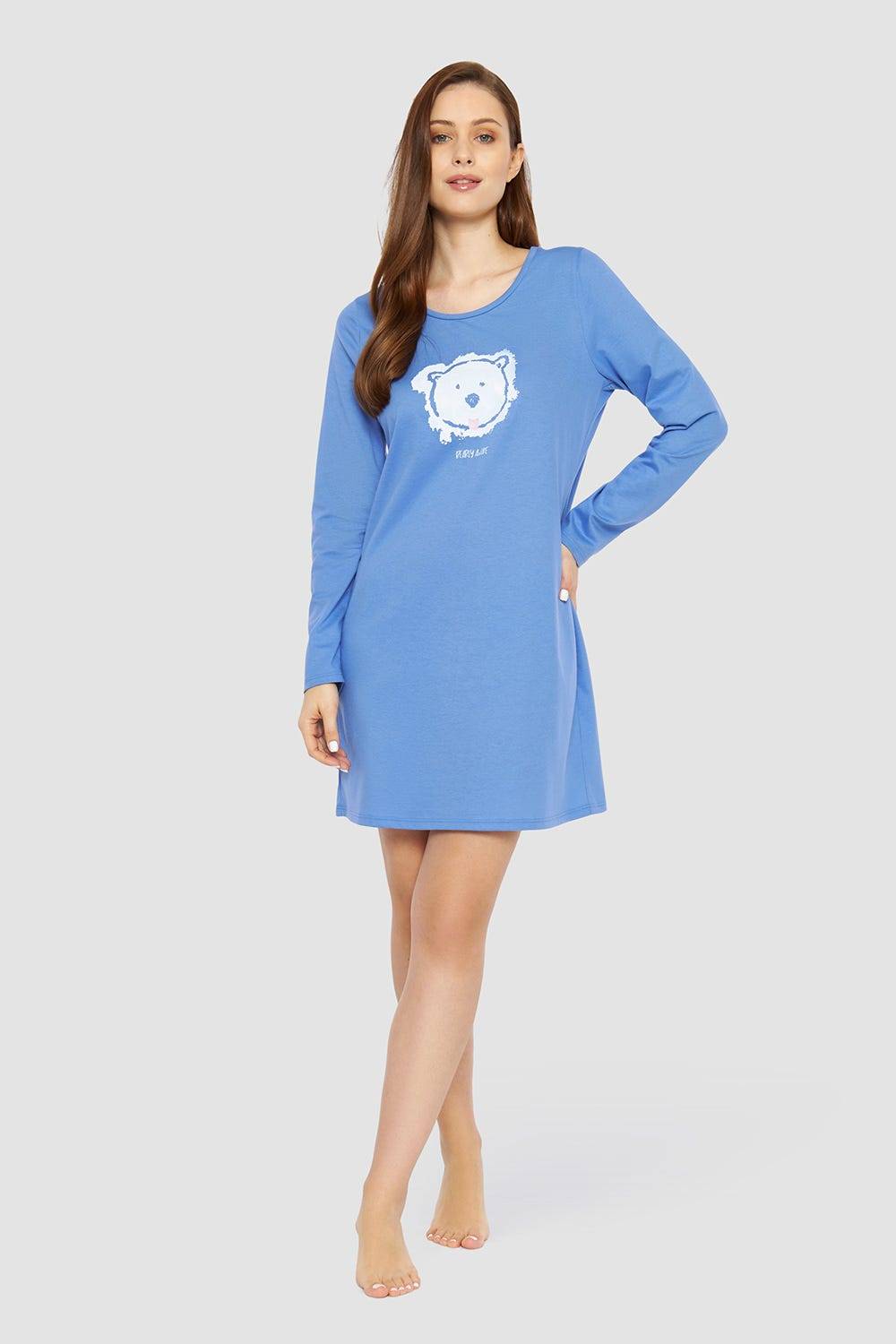 Rösch Nachthemd mit Bären-Aufdruck Blau 100% Baumwolle