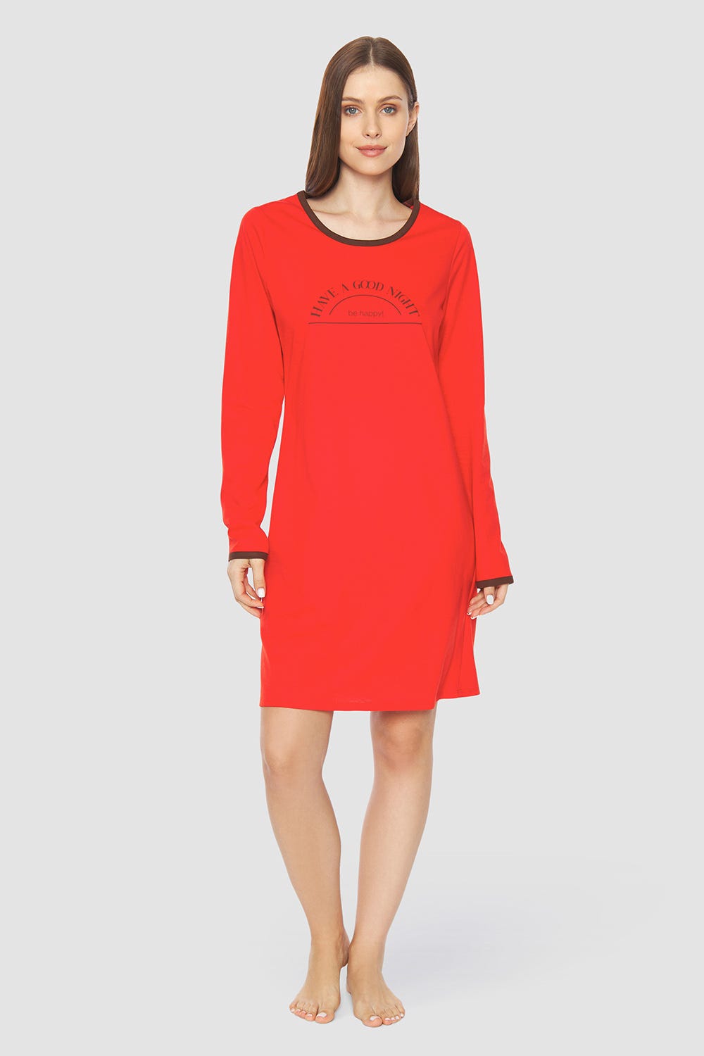 Rösch Nachthemd mit Schriftzug Rot Braun 100% Baumwolle