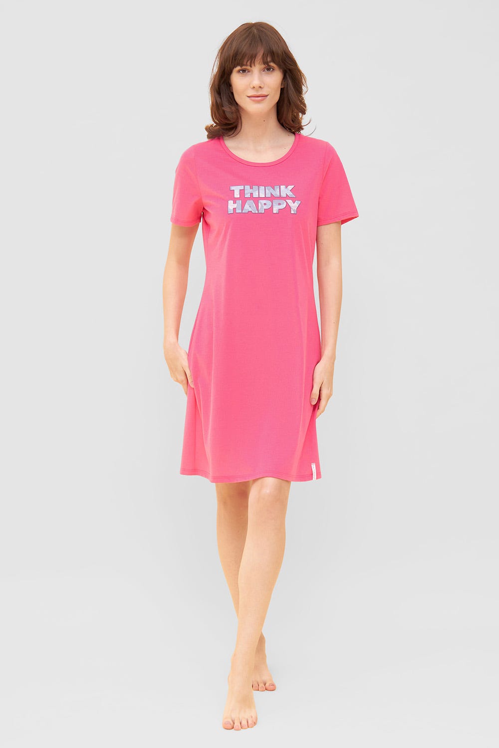 Rösch Nachthemd mit Schriftzug "Think Happy" Pink Kurzarm 100% Baumwolle