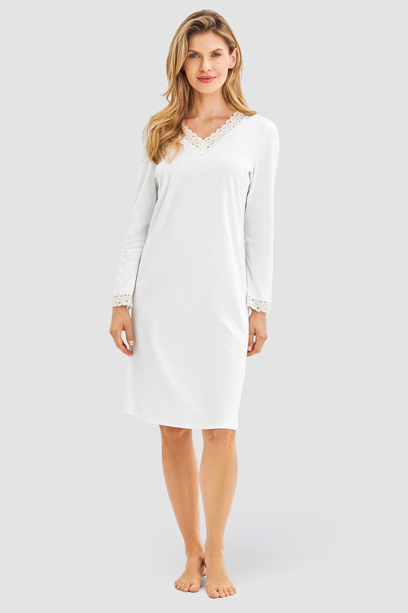 Rösch Nachthemd mit Spitzendetails Cremefarben 100% Baumwolle