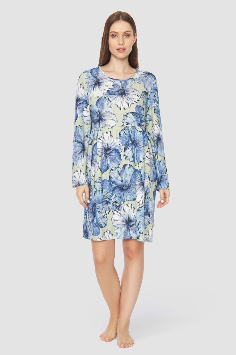 Rösch Nachthemd mit Stufenlook Hellblau 100% Baumwolle Rösch Nachthemd mit Stufenlook Hellblau 100% Baumwolle