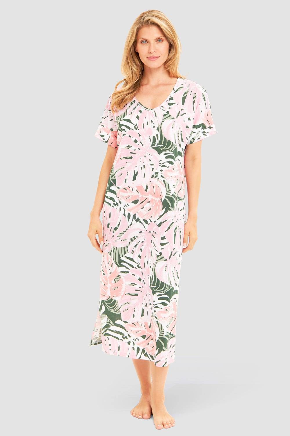 Rösch Nachtkleid im Blätterdruck exotisch Maxi-Länge 100% Baumwolle