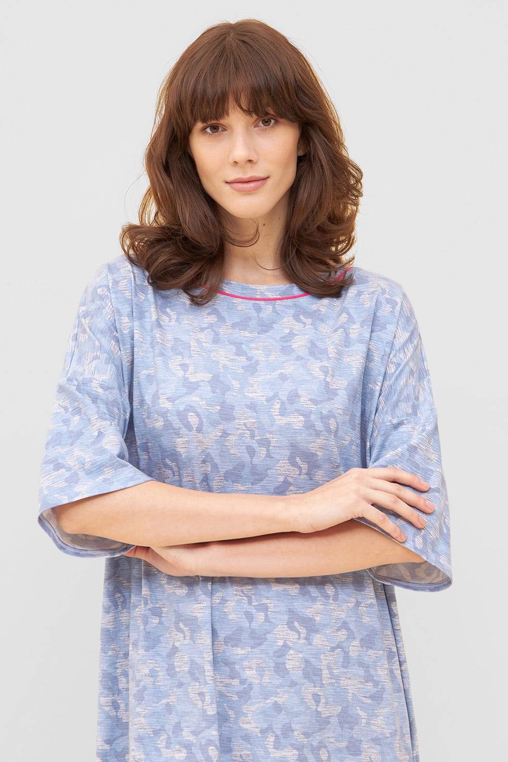 Rösch Nachtkleid Im Blauen Camouflage-Druck Halbarm Maxi-Länge Baumwolle/Elasthan