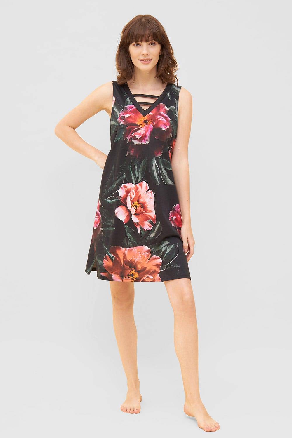 Rösch Nachtkleid im eleganten Blumendruck V-Ausschnitt Ärmellos Baumwolle/Modal