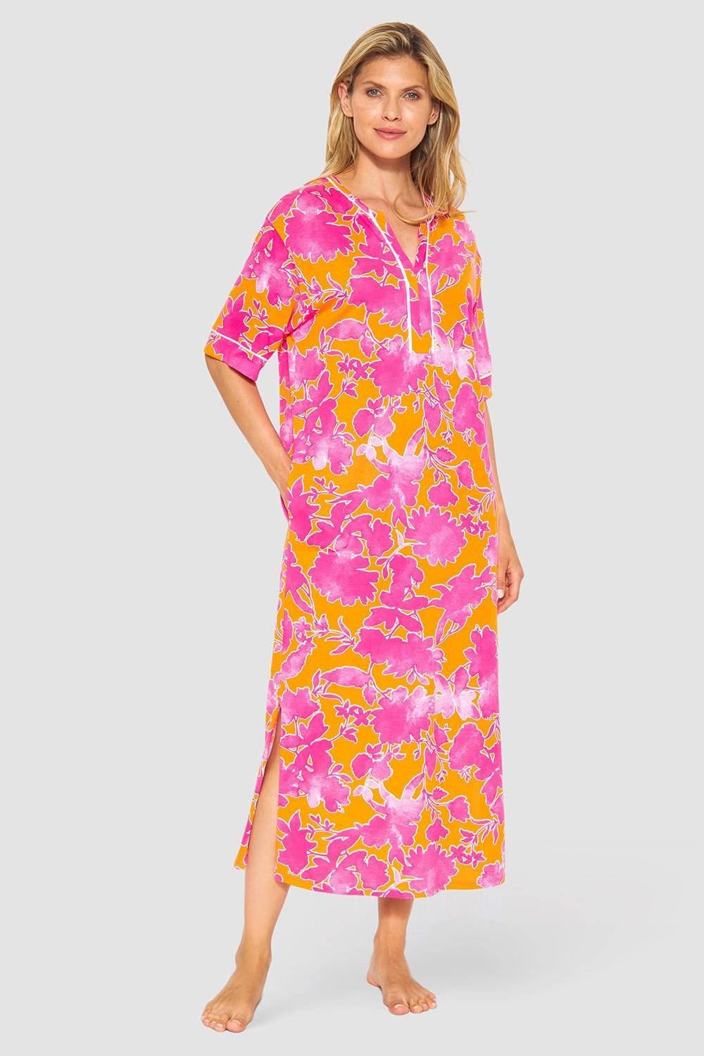 Rösch Nachtkleid im floralen Druck Orange-Pink Tunika-Style Maxi-Länge Baumwolle/Modal
