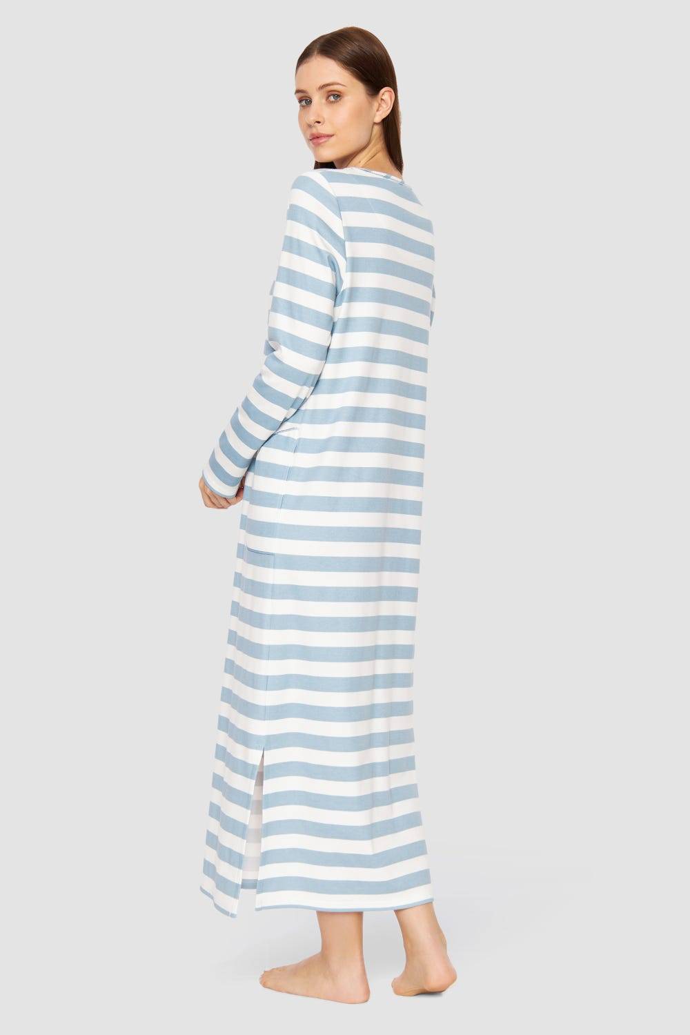 Rösch Nachtkleid Im Ringel-Mustermix Angerauht Hellblau 100% Baumwolle