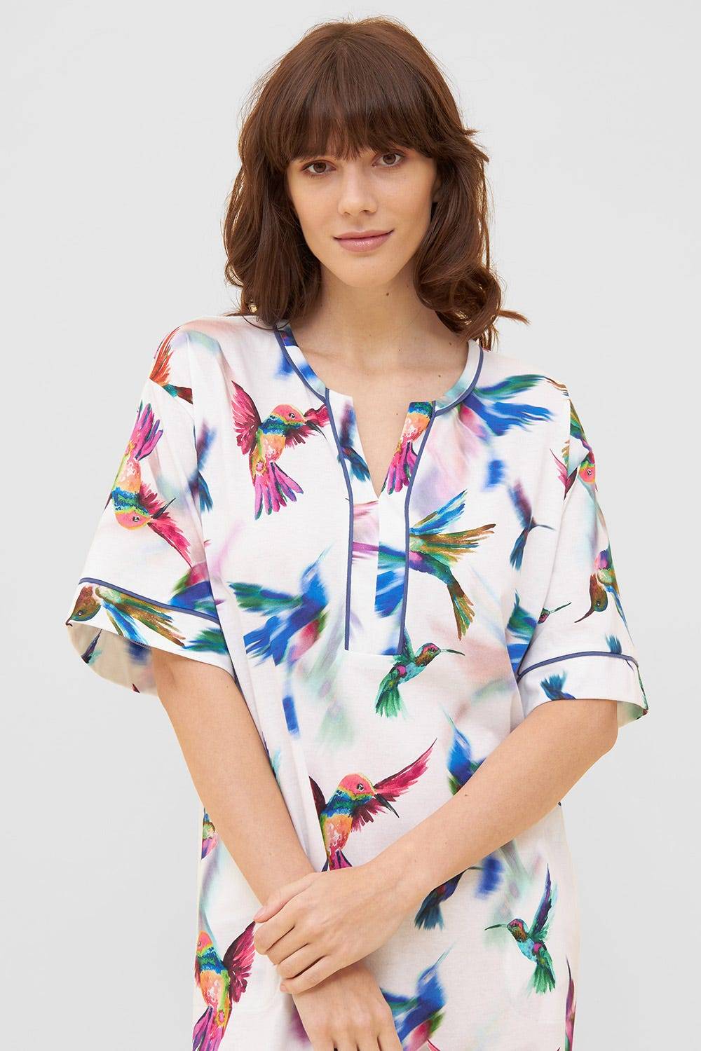 Rösch Nachtkleid Im Vogel-Druck Kimono Paspeln Halbarm Maxi-Länge 100% Baumwolle