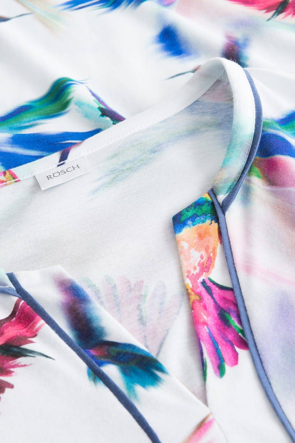 Rösch Nachtkleid Im Vogel-Druck Kimono Paspeln Halbarm Maxi-Länge 100% Baumwolle