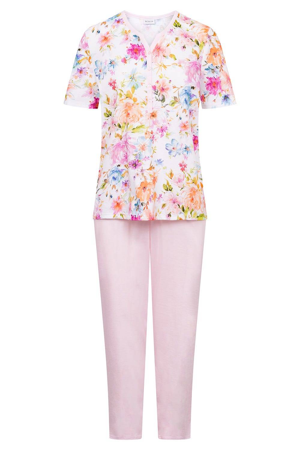 Rösch Pyjama Im Blütendruck Rosa Romantisch 100% Baumwolle