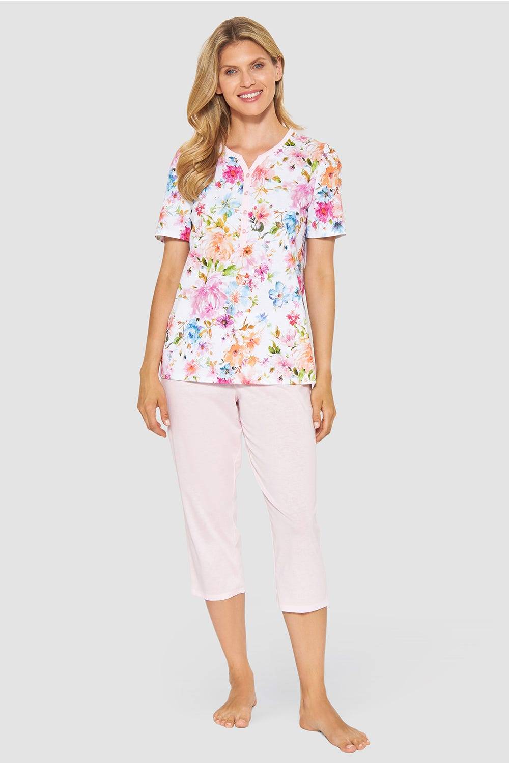 Rösch Pyjama im Blütendruck rosa romantisch 100% Baumwolle