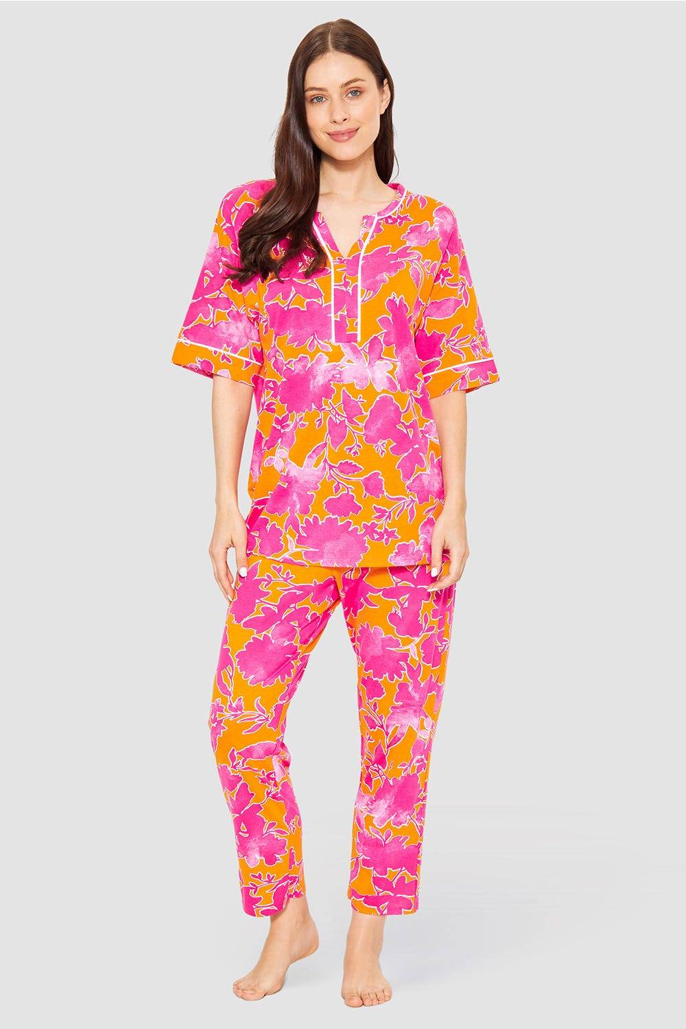 Rösch Pyjama im floralen Druck Orange-Pink Tunika-Style Baumwolle/Modal