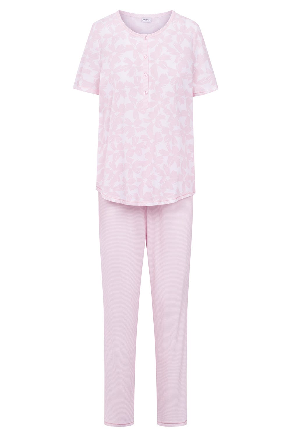 Rösch Pyjama Im Muster-Mix Blumen Streifen Rosa 100% Baumwolle