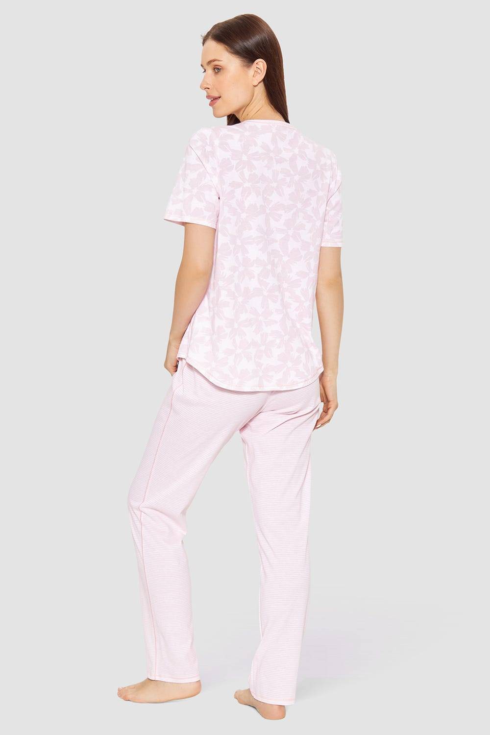 Rösch Pyjama Im Muster-Mix Blumen Streifen Rosa 100% Baumwolle